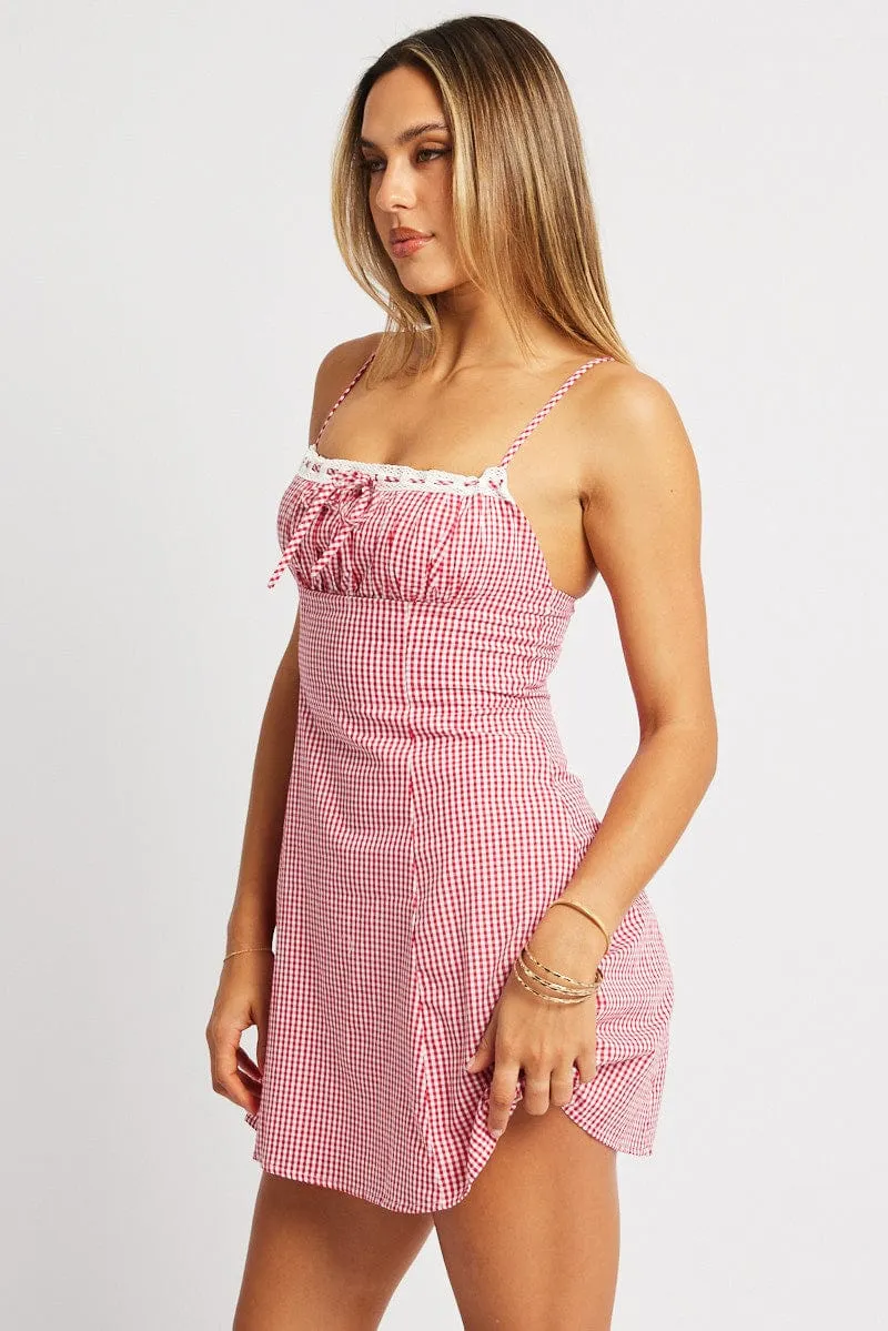 Red Check Mini Dress Strappy Layered Ventilation Pop Star