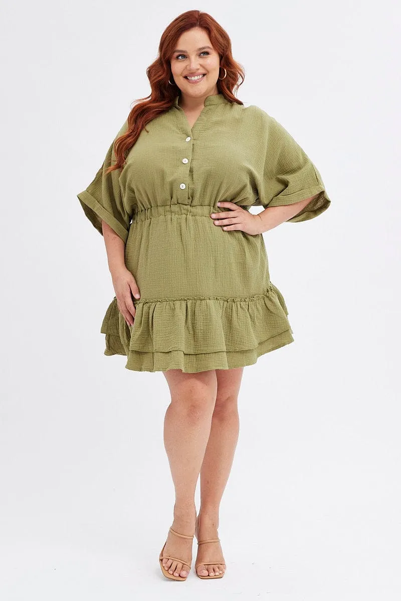 Green Mini Dress Button Front Cotton Crush Stage Rush Stage Beat