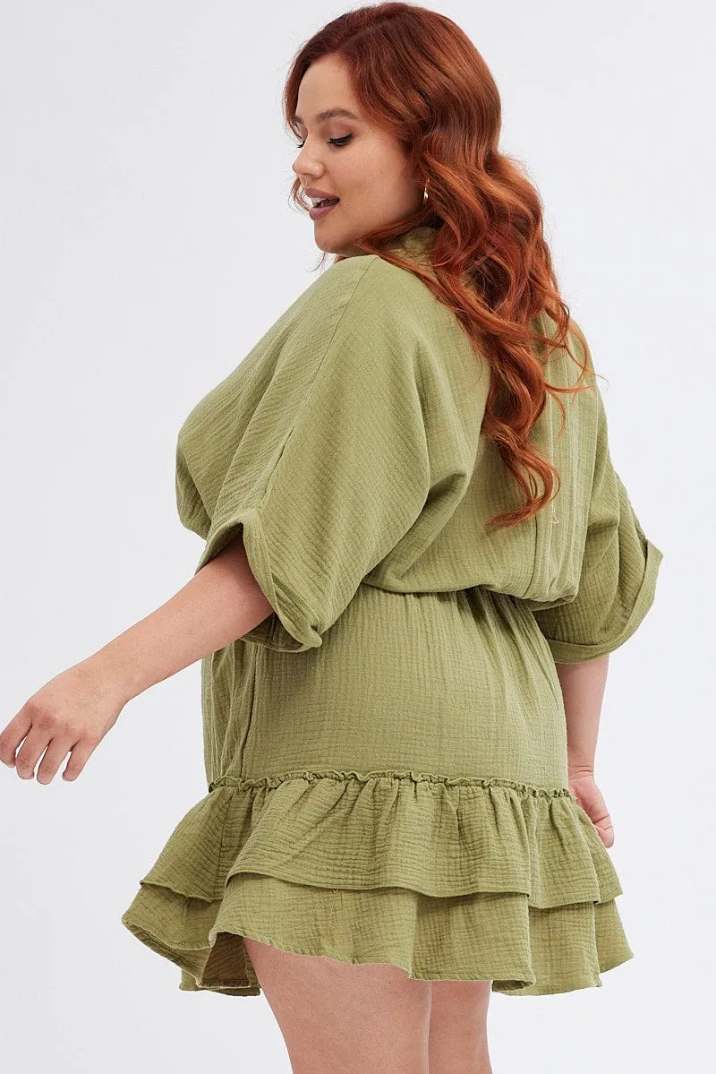 Green Mini Dress Button Front Cotton Crush All Occasion Wear Play Edge