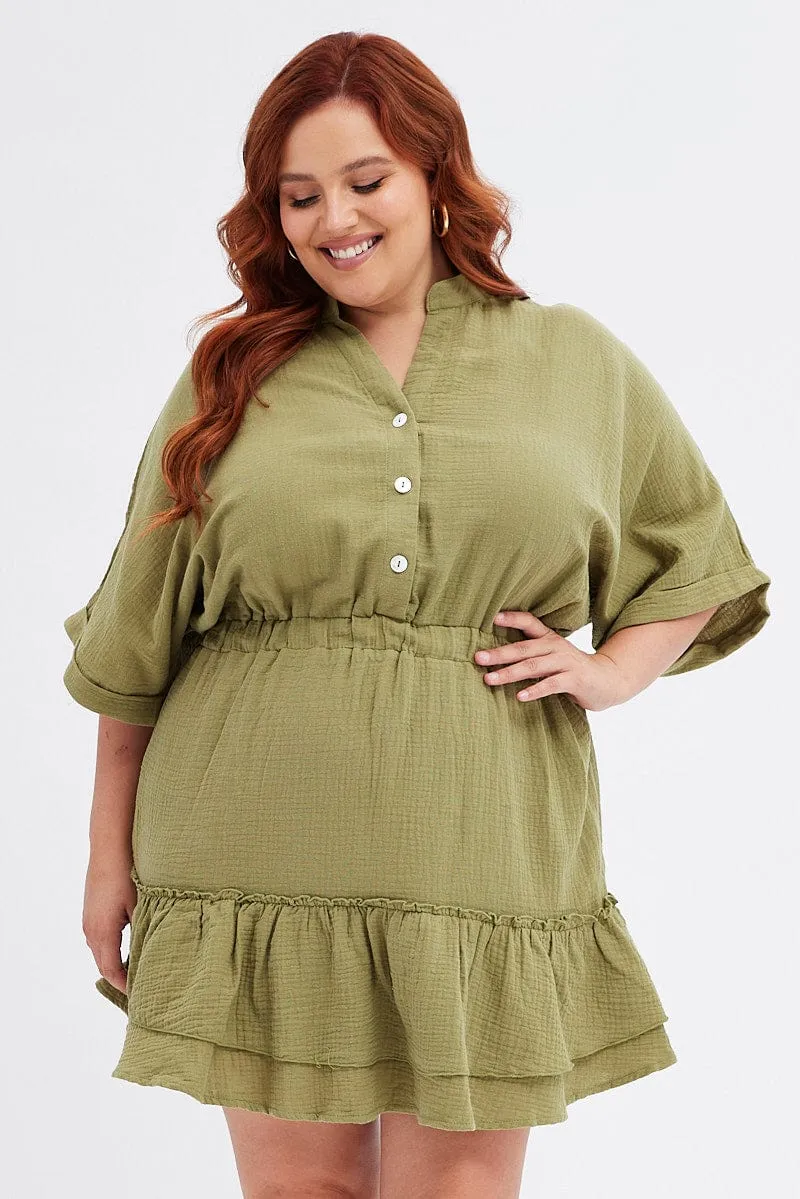 Vibrant color Green Mini Dress Button Front Cotton Crush