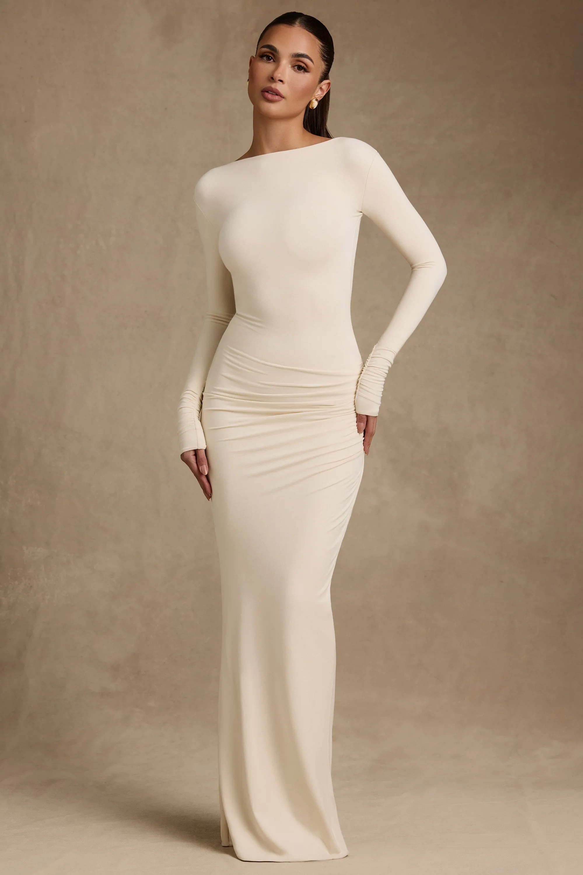 Modal Ruched Backless Maxi Dress in Ivory Flower Lane Golden Sand