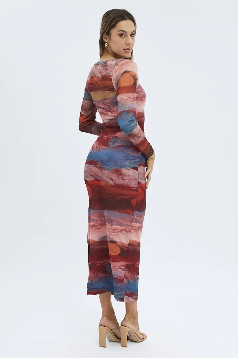 Golden Hour Multi Abstract Maxi Dress Long Sleeve Square Neck Mesh Bodycon