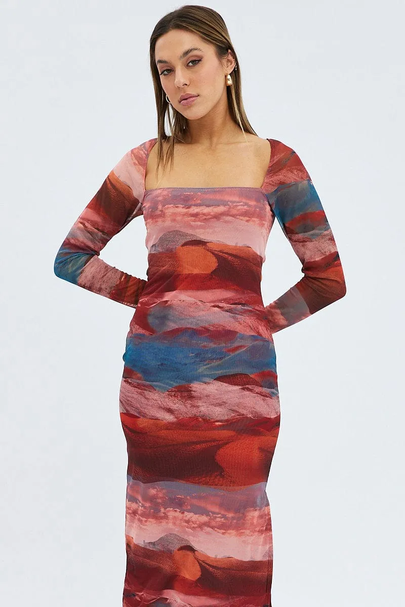 Multi Abstract Maxi Dress Long Sleeve Square Neck Mesh Bodycon Stage Ready Lantern Glow