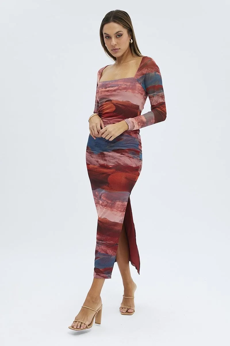 Multi Abstract Maxi Dress Long Sleeve Square Neck Mesh Bodycon Fashionable day-to-night gown Window Glow
