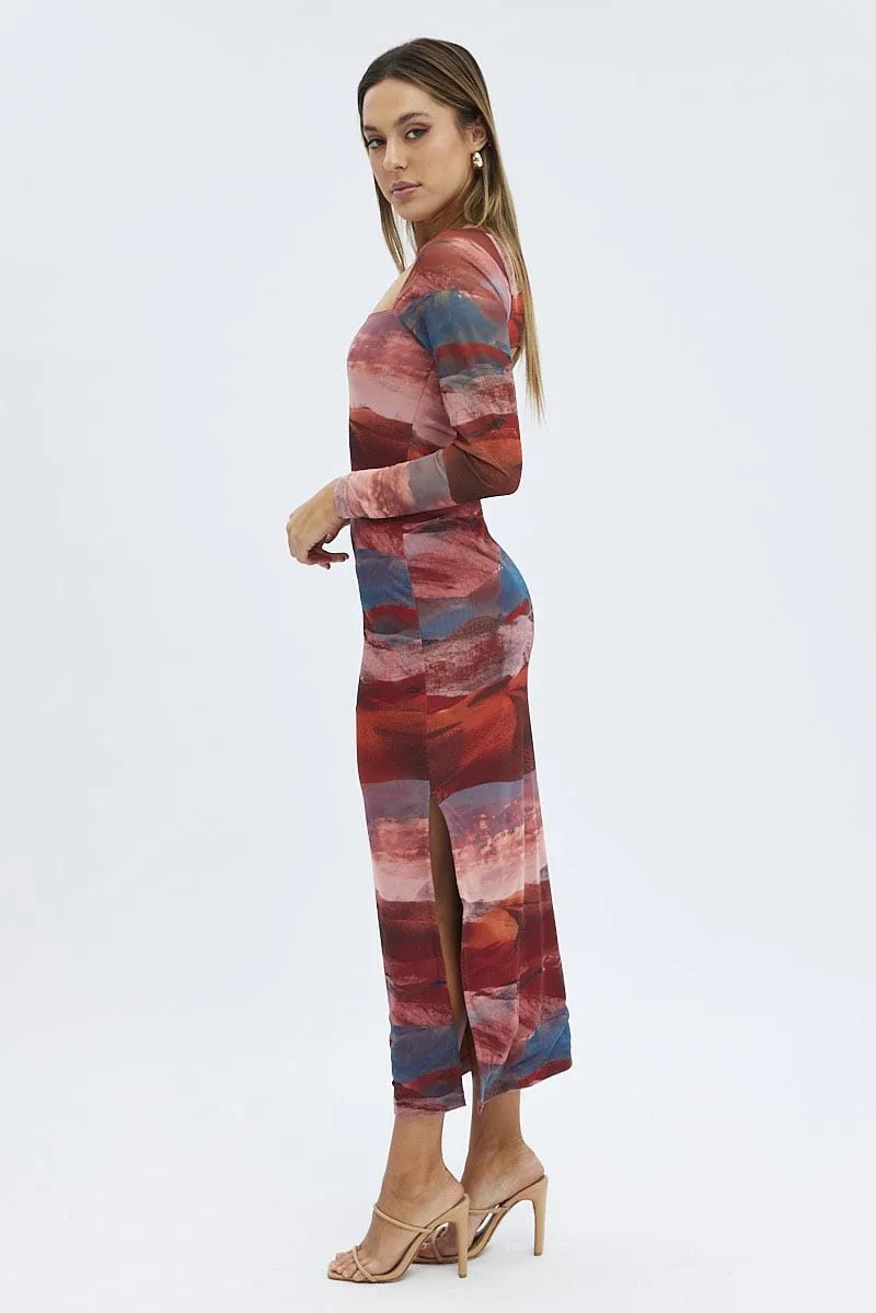 Multi Abstract Maxi Dress Long Sleeve Square Neck Mesh Bodycon Glass Glow