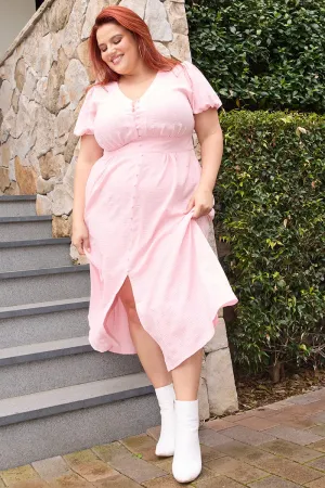 Pink Midi Dress Short Sleeve V-Neck Textured Autumn Stroll Modern Wardrobe