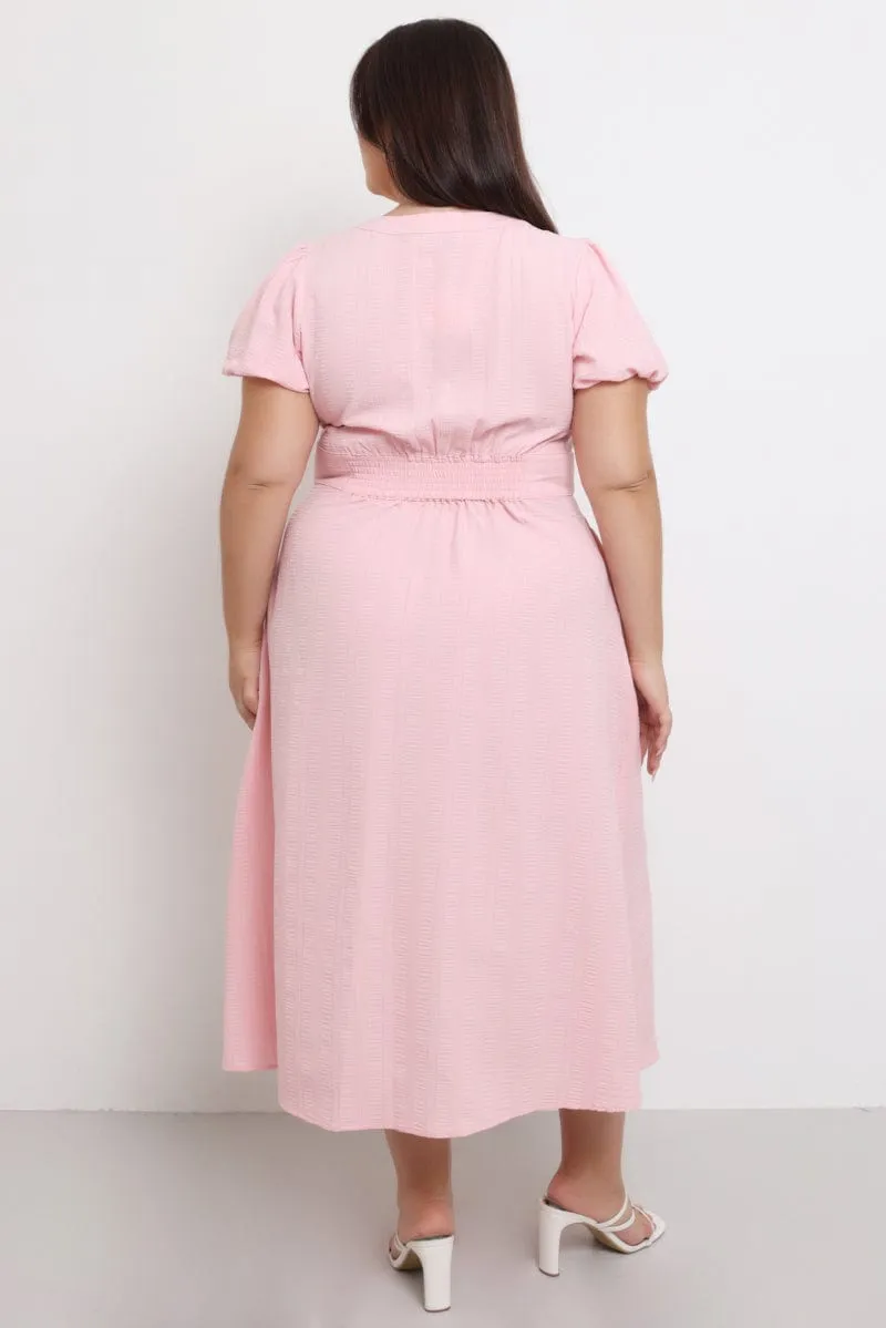 Practical travel midi Pink Midi Dress Short Sleeve V-Neck Textured