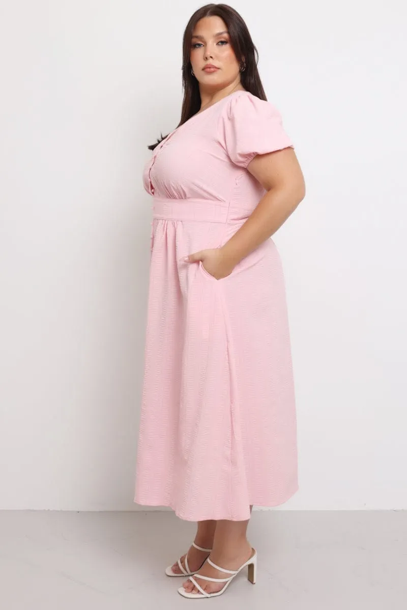 Vibrant Look Trendy office attire Pink Midi Dress Short Sleeve V-Neck Textured