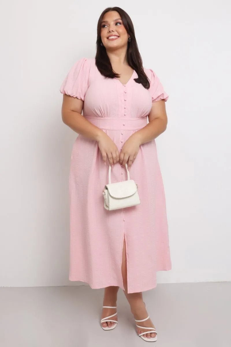 Stylish Comfort Pink Midi Dress Short Sleeve V-Neck Textured