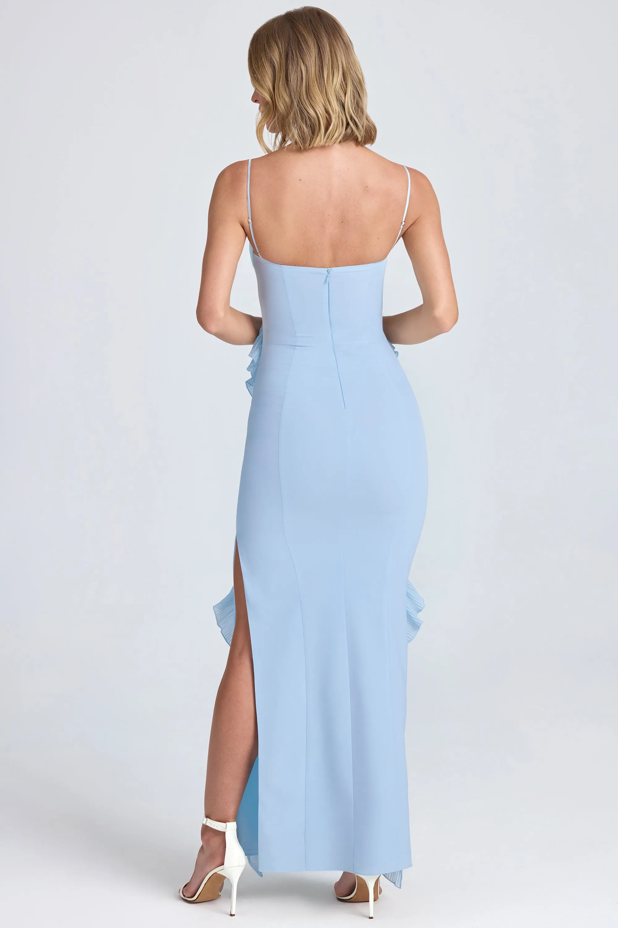 This dress is a versatile option that can be styled in many different ways Pliss?? Ruffle-Trim Maxi Dress in Powder Blue