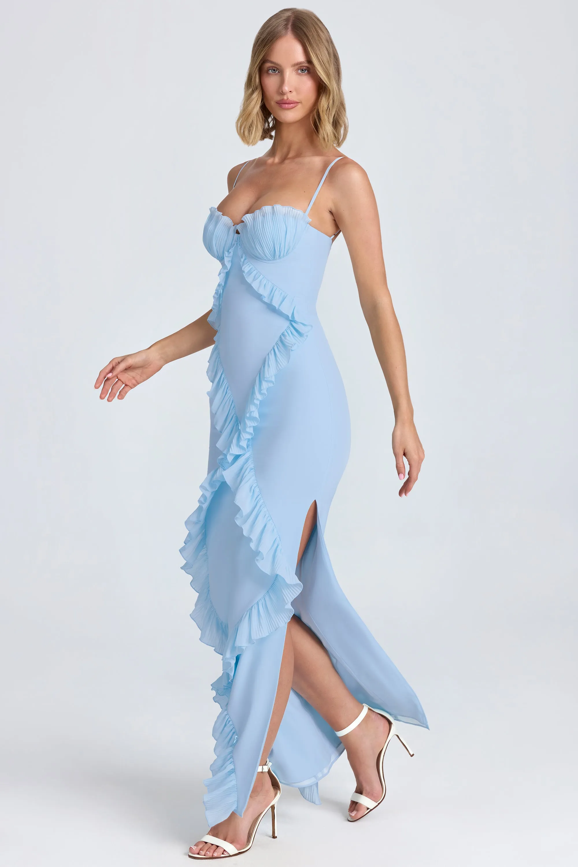 Pliss?? Ruffle-Trim Maxi Dress in Powder Blue Boho Soul Long Sleeve