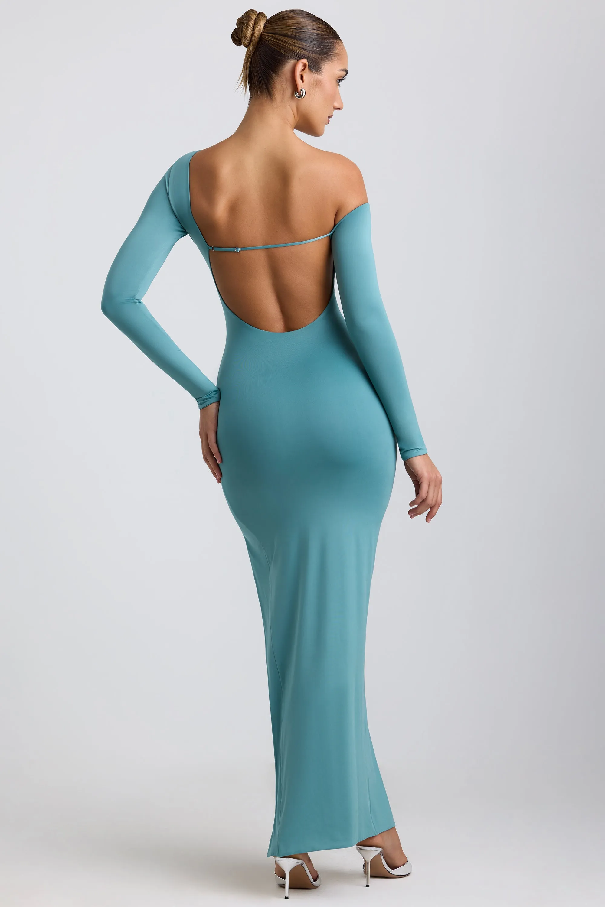 Slinky Jersey Asymmetric Ruched Hardware Detail Maxi Dress in Sea Green Stripe Flow