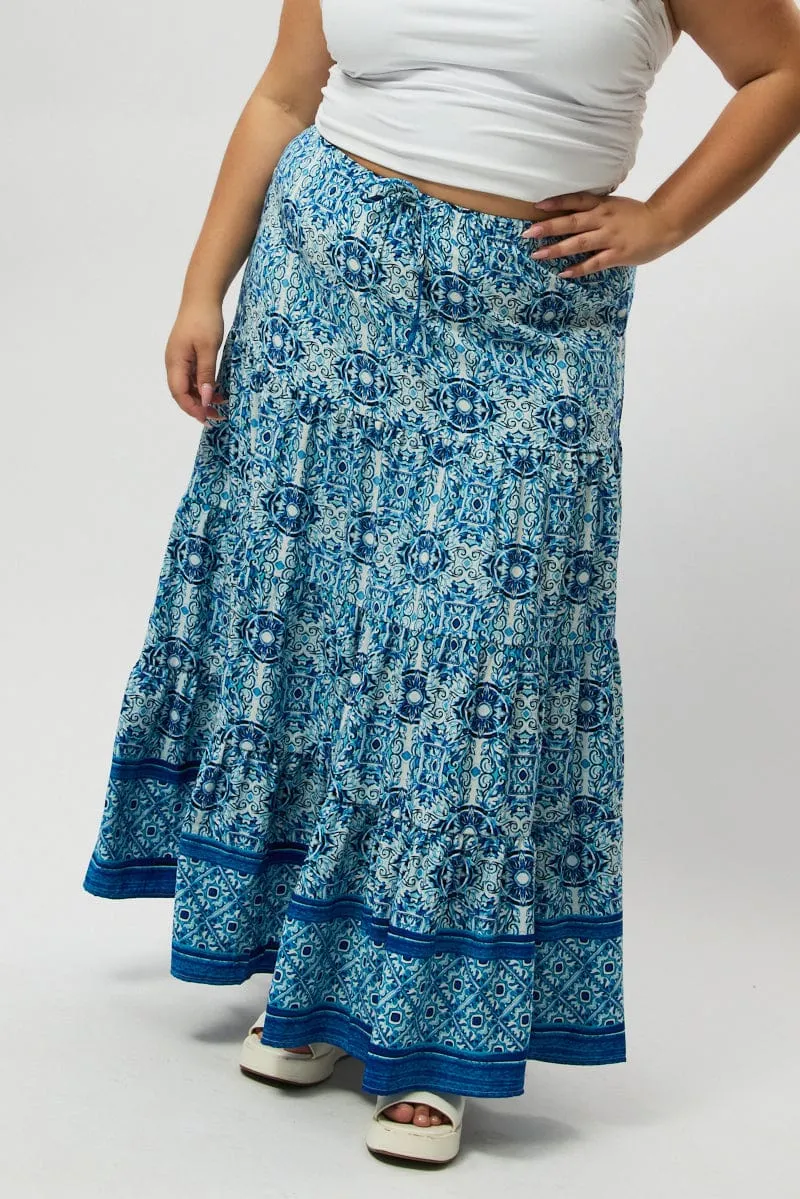Daily Style Blue Boho Elastic Waist Border Print Tiered Maxiskirt