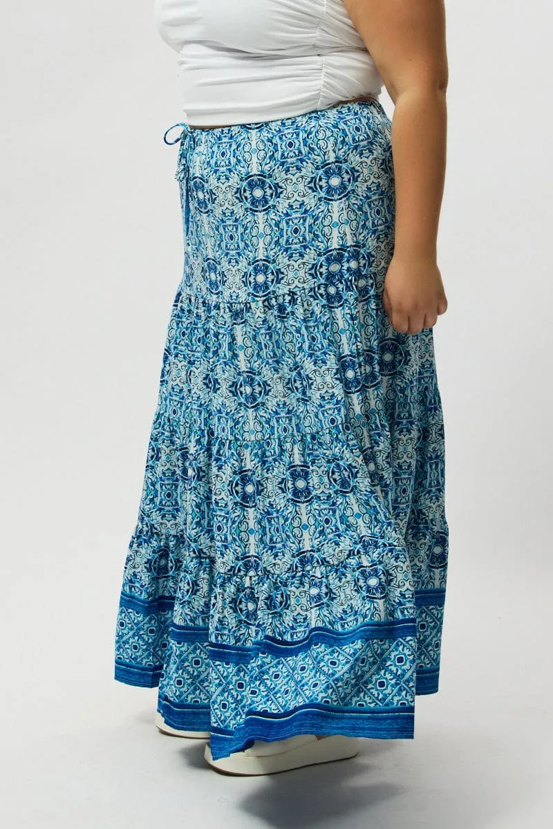 Blue Boho Elastic Waist Border Print Tiered Maxiskirt Flat Lay Collar
