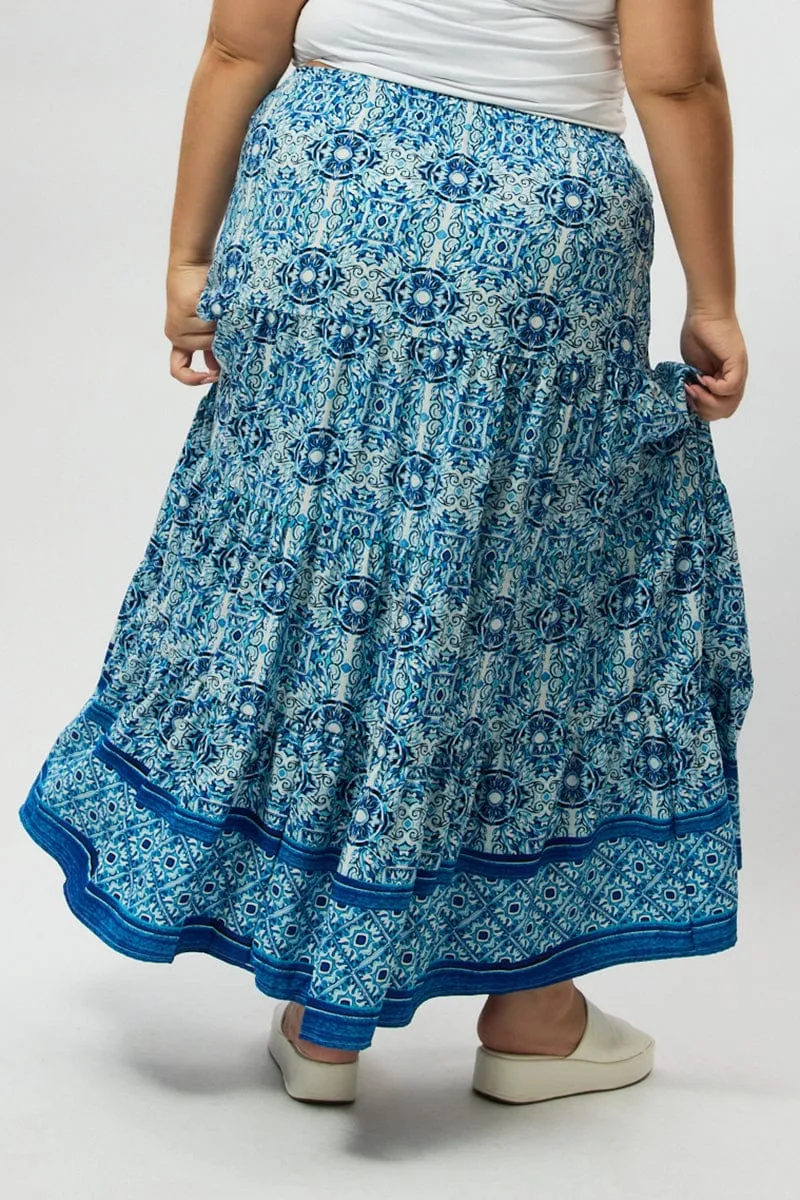Blue Boho Elastic Waist Border Print Tiered Maxiskirt Laidback Feel Cool Touch
