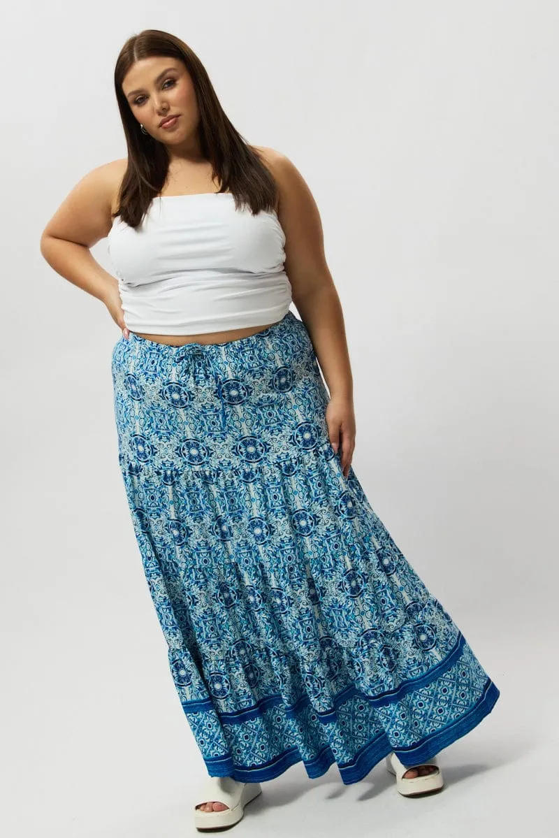 Soft Focus Blue Boho Elastic Waist Border Print Tiered Maxiskirt