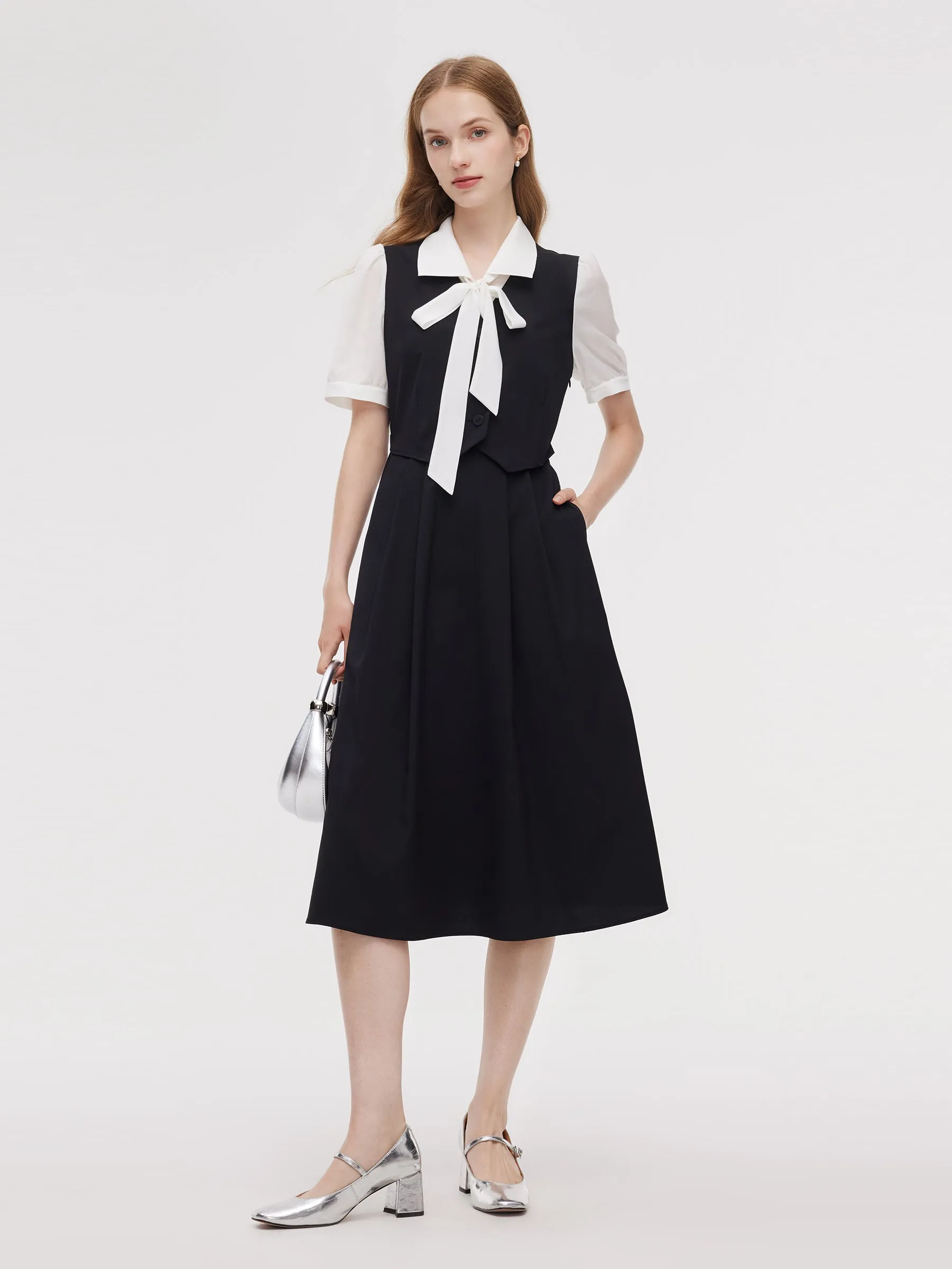 Mock Layered Color Block Women Midi Dress Subtle Glamour