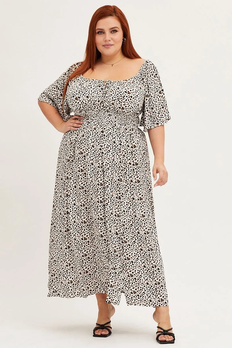 Animal Print Short Sleeve Midi Dress Air Float Trendy Wardrobe