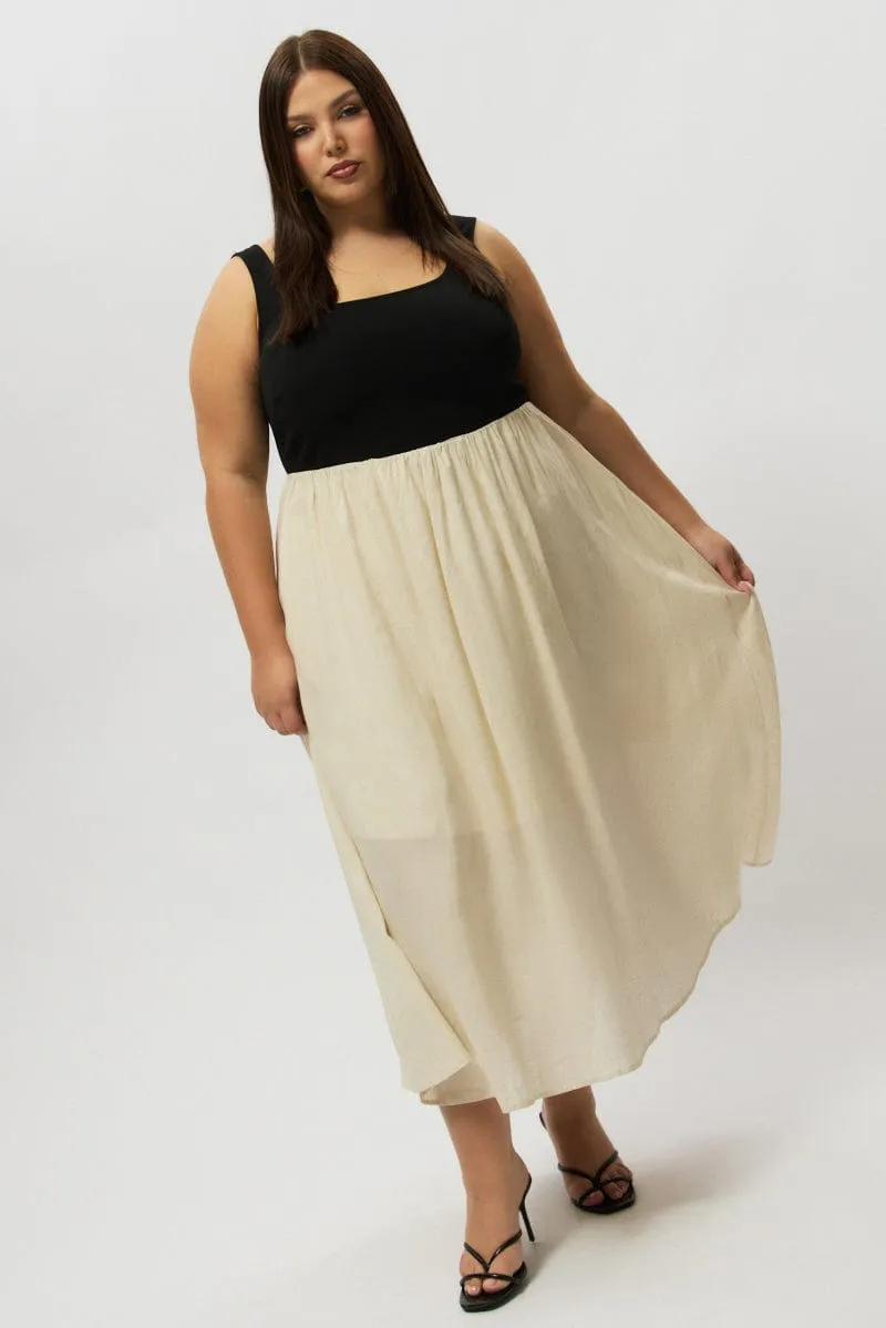 Beige Midi Dress Sleeveless Scoop Neck Linen Blend Leaf Fall Modern Style