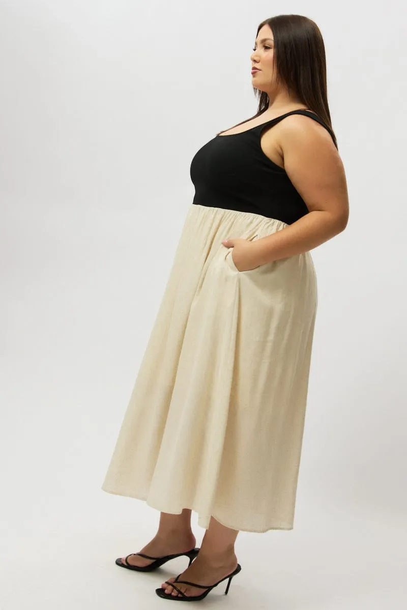 Classic silhouette dress Beige Midi Dress Sleeveless Scoop Neck Linen Blend