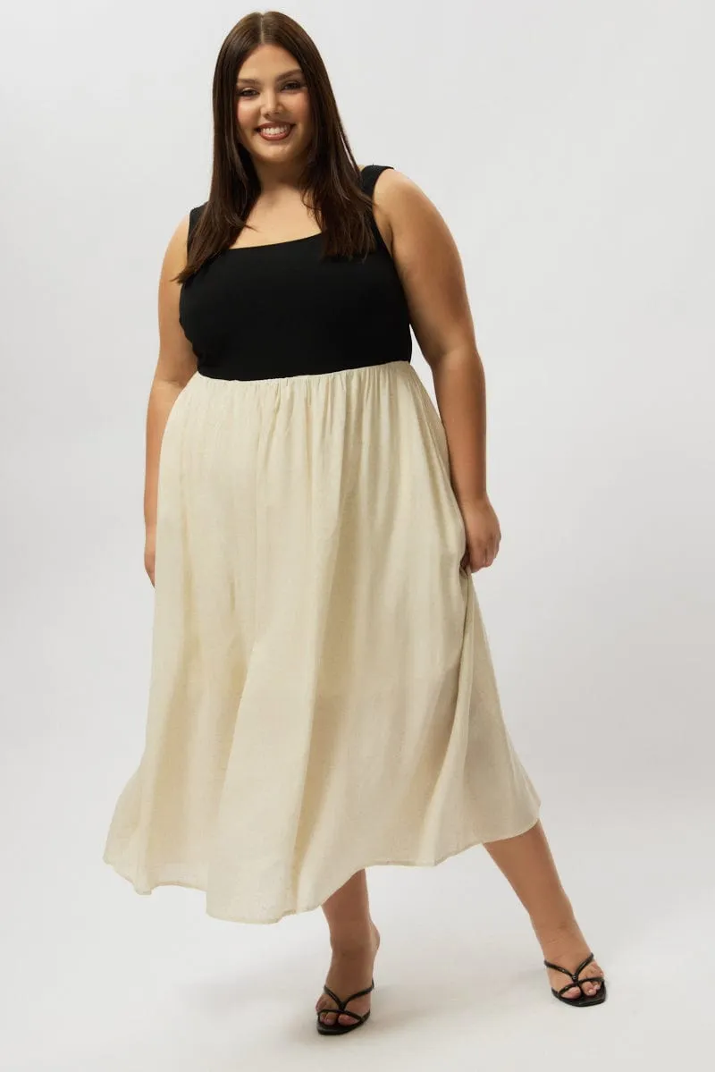 Fashion Forward Go Light Beige Midi Dress Sleeveless Scoop Neck Linen Blend
