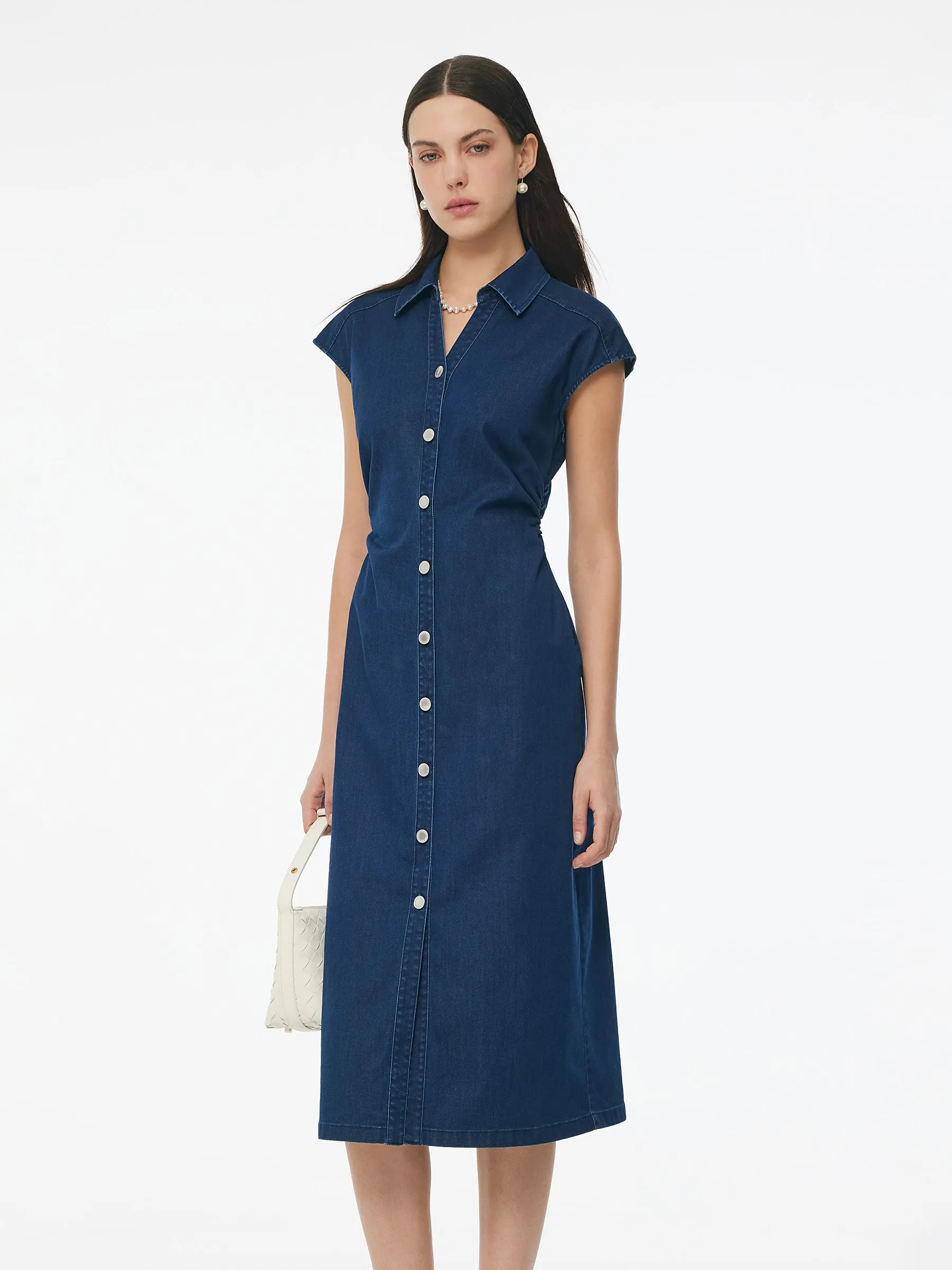 Denim Side Twist Women Cap Sleeve Stretchy Midi Dress Timeless silhouette