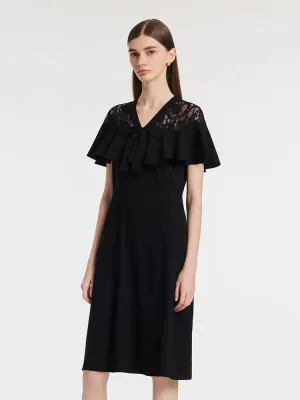 Acetate Patchwork Lace Ruffle Women Midi Dress Smart Chic Style