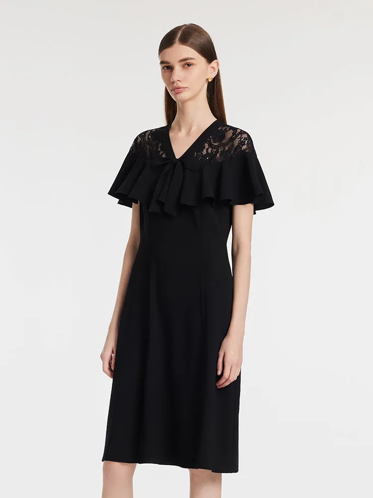 Acetate Patchwork Lace Ruffle Women Midi Dress Elegant Details