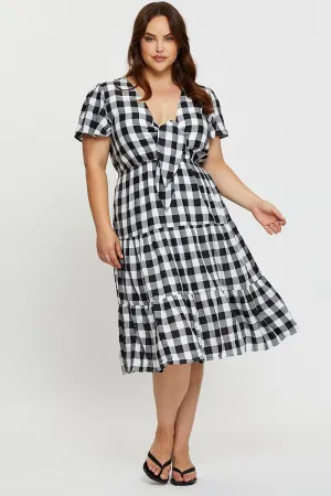 Check Midi Dress V-neck Short Sleeve Modern Style Seasonal Wardrobe