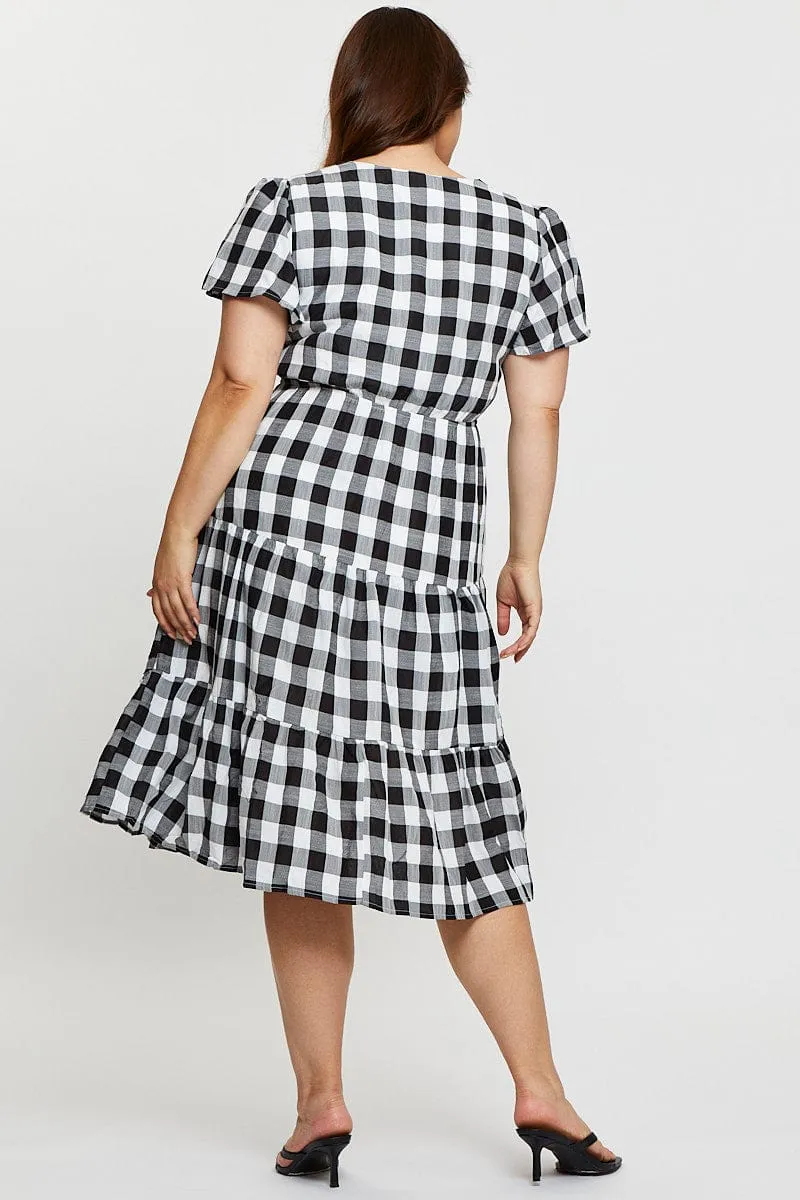 Stage Grace Check Midi Dress V-neck Short Sleeve