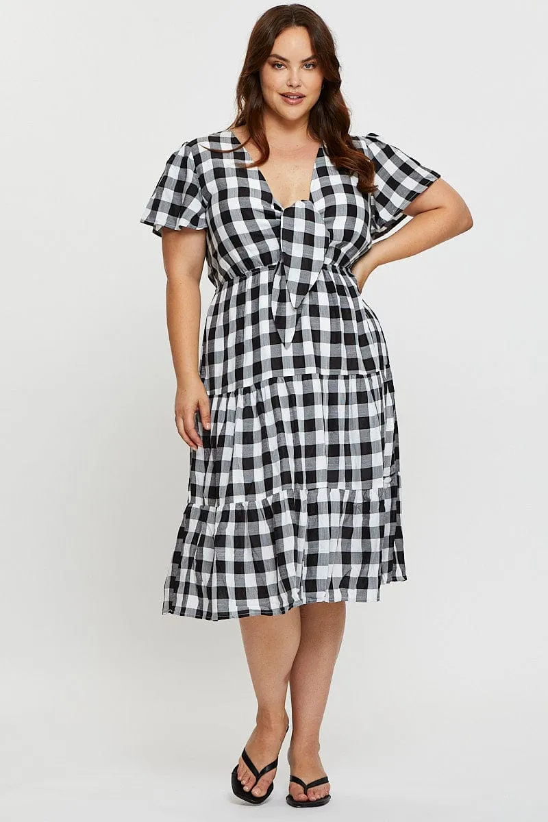 Check Midi Dress V-neck Short Sleeve Modern Style Season Proof