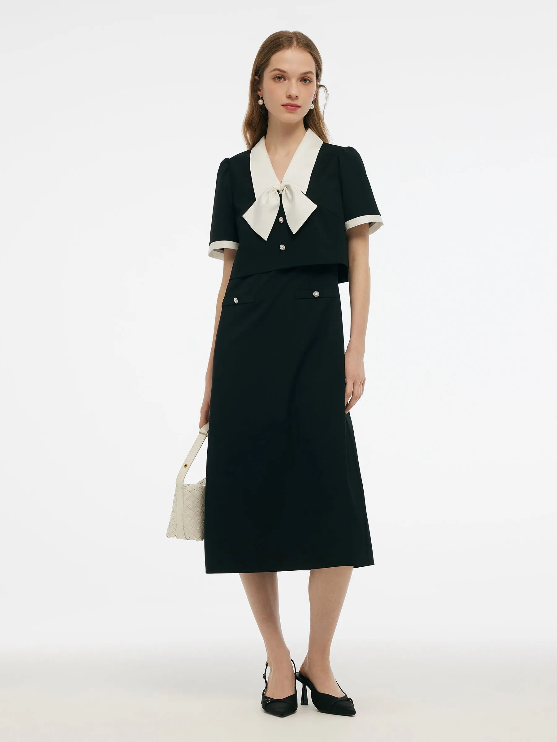 Faux Two-Piece Women Midi Dress With Detachable Bowknot Flattering Fit Walk Friendly