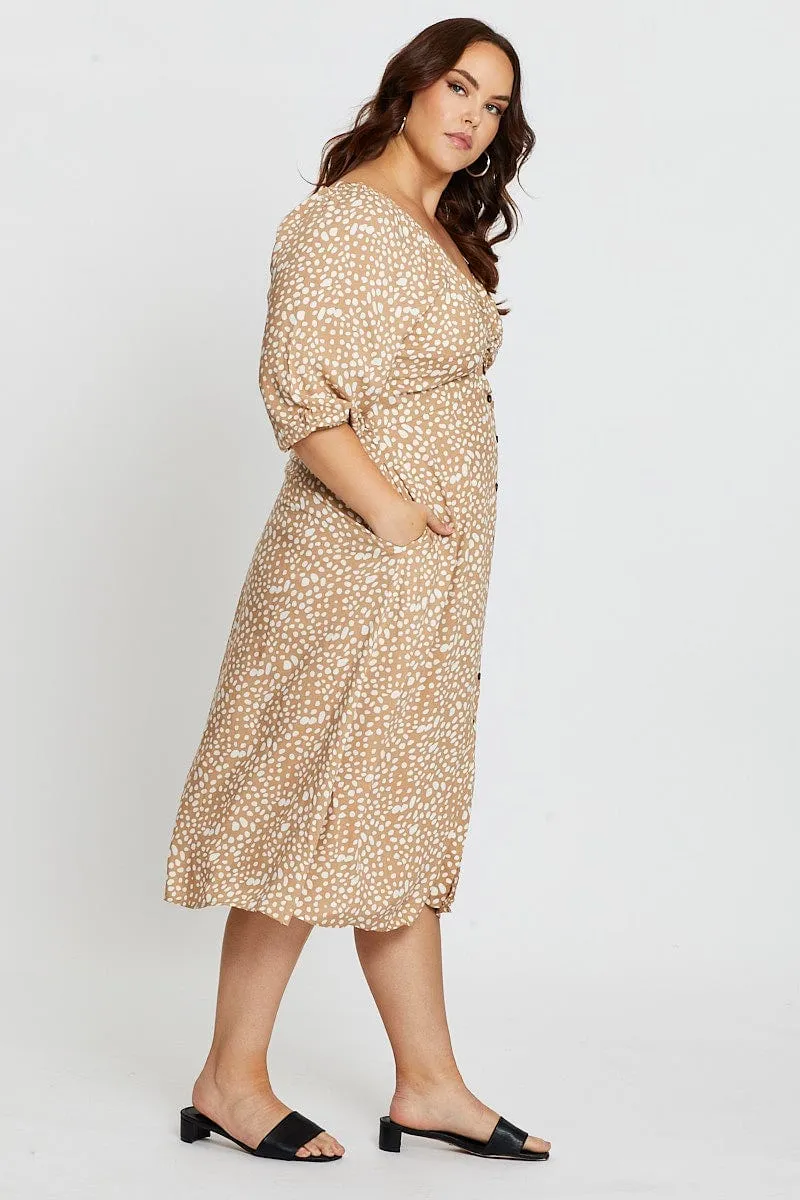 Geo Print 3/4 Sleeve Tie Front Button Midi Dress Confident Girl