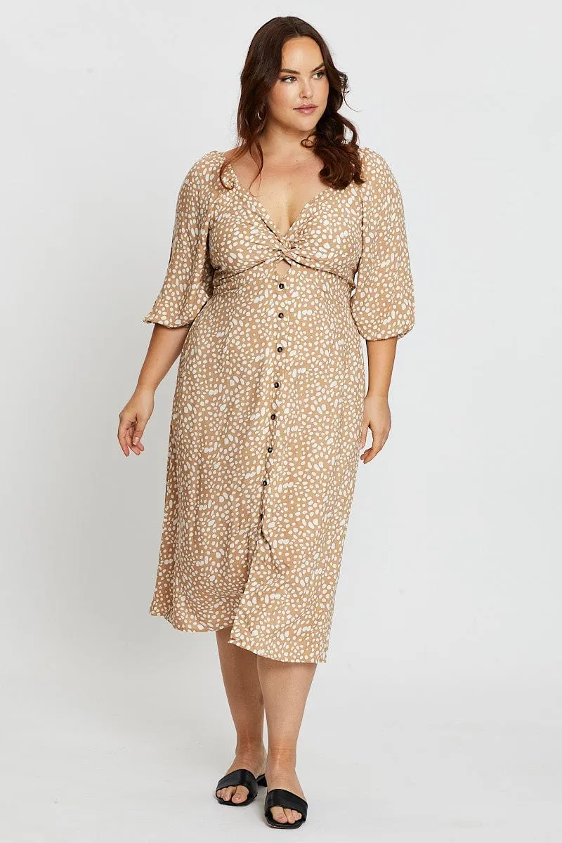 Graceful Aging Geo Print 3/4 Sleeve Tie Front Button Midi Dress
