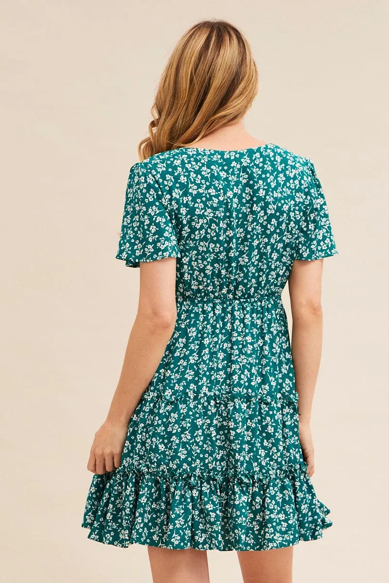 Green Ditsy Short Sleeve Floral Mini Skater Dress QuickRelease Closure Opaque Core