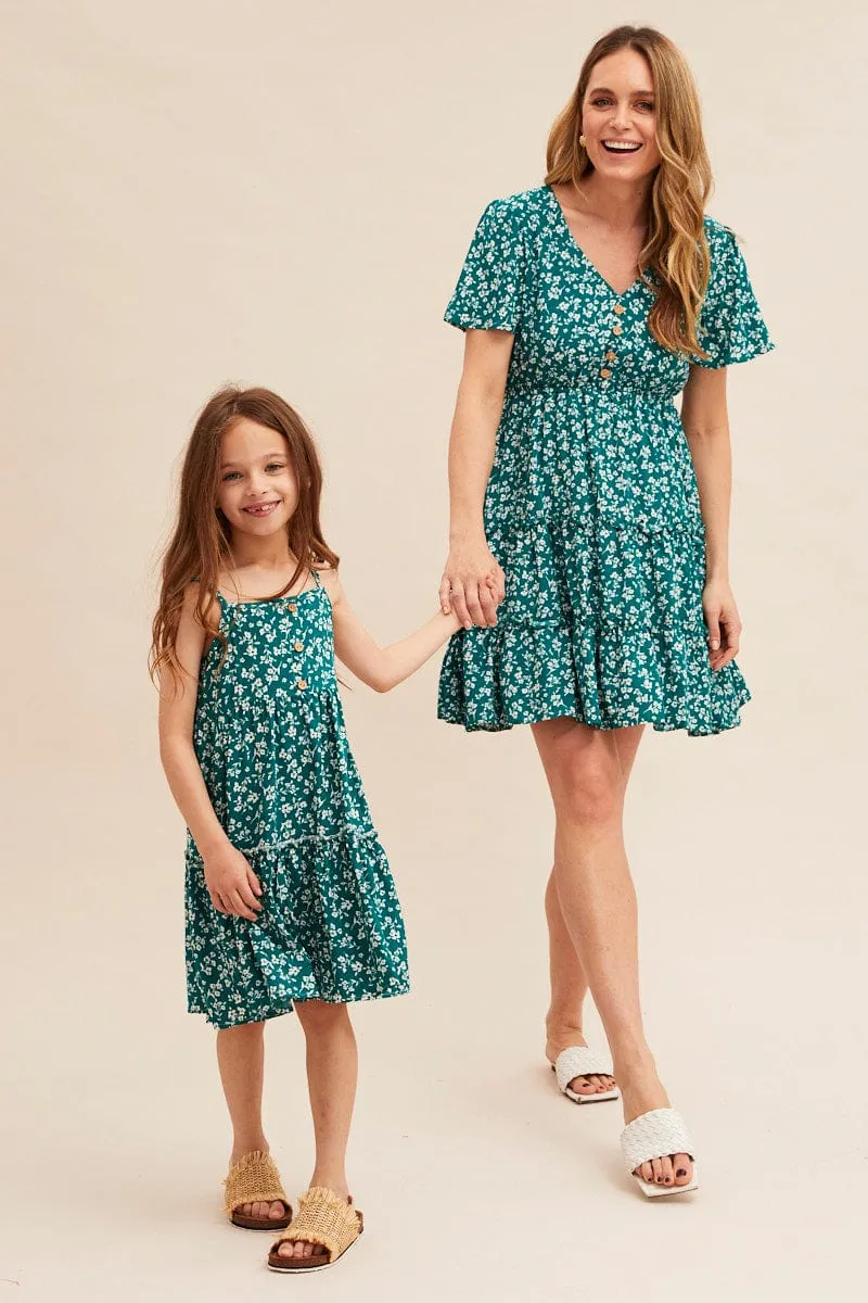 Green Ditsy Short Sleeve Floral Mini Skater Dress Stylish Fashion MoistureWickingMaterial