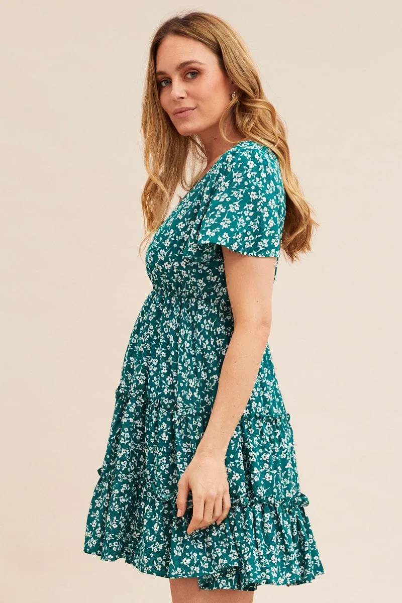 Regal Glow Green Ditsy Short Sleeve Floral Mini Skater Dress