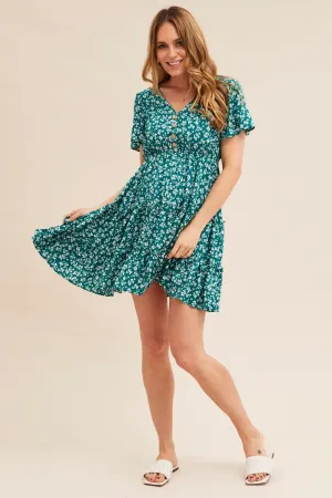 EcoDyeProcess Myth Soul Green Ditsy Short Sleeve Floral Mini Skater Dress