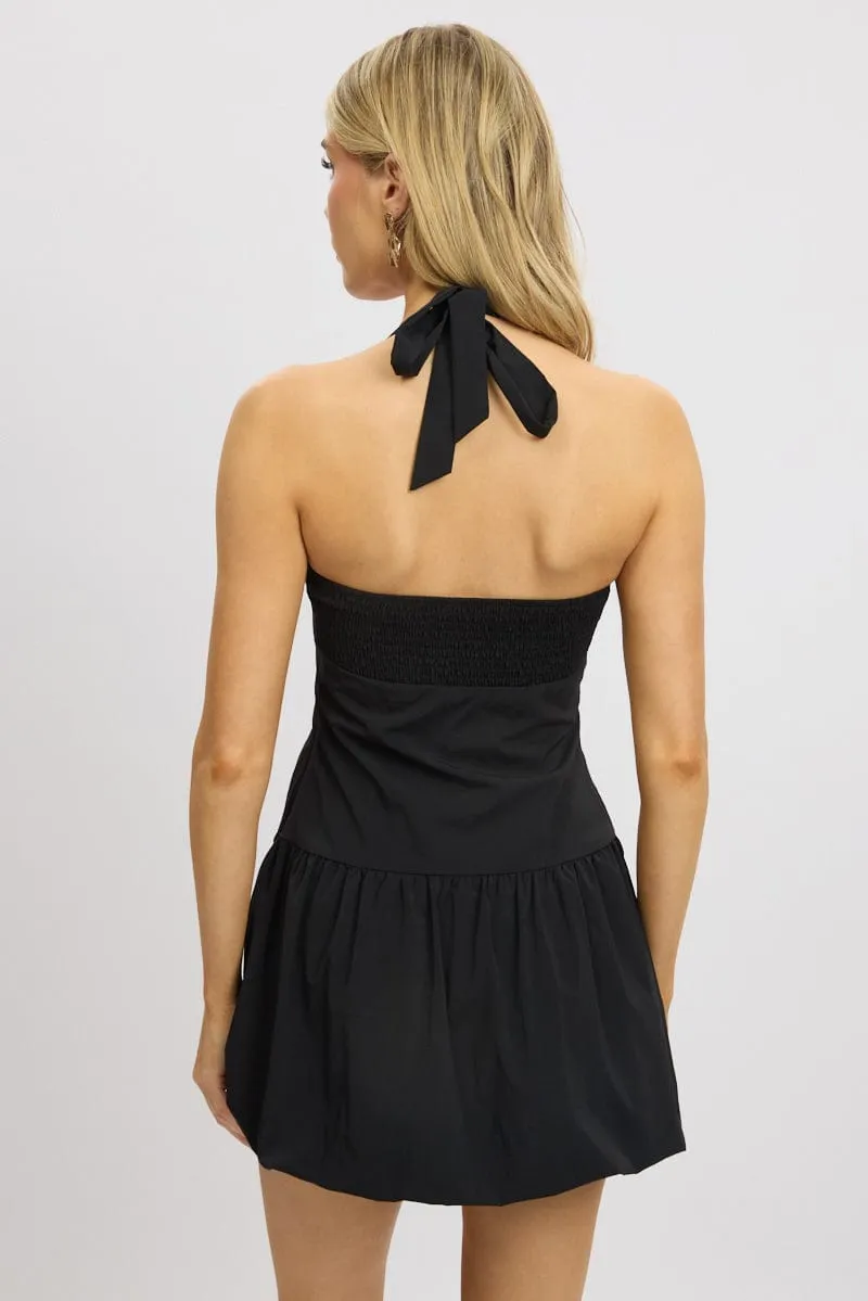 Black Bubble Dress Mini Halter Neck Fun Pop Pose Queen
