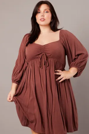 Brown Crinkle Ruched Drawstring Mini Dress Stretch Fabric
