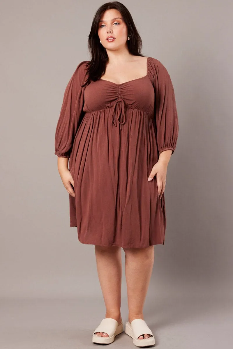 Brown Crinkle Ruched Drawstring Mini Dress Bohemian Chic Adjustable drawstring