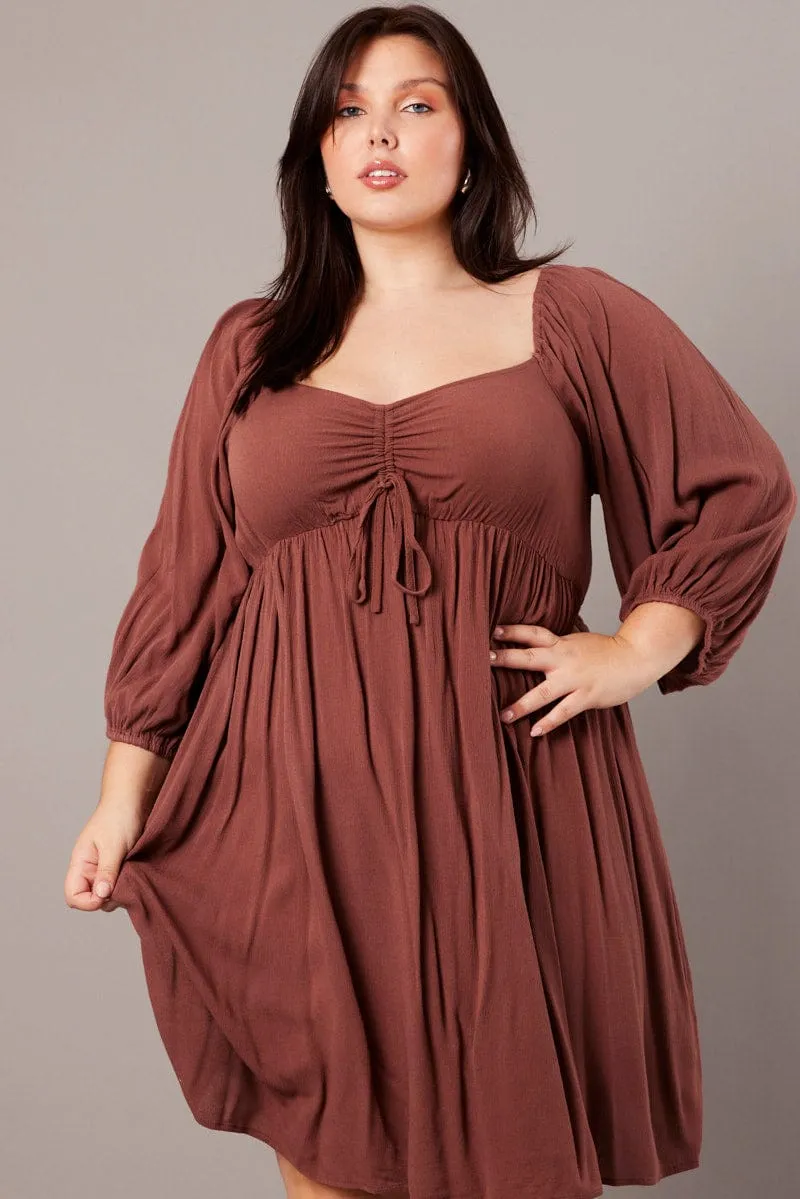 Brown Crinkle Ruched Drawstring Mini Dress Stretch Fabric