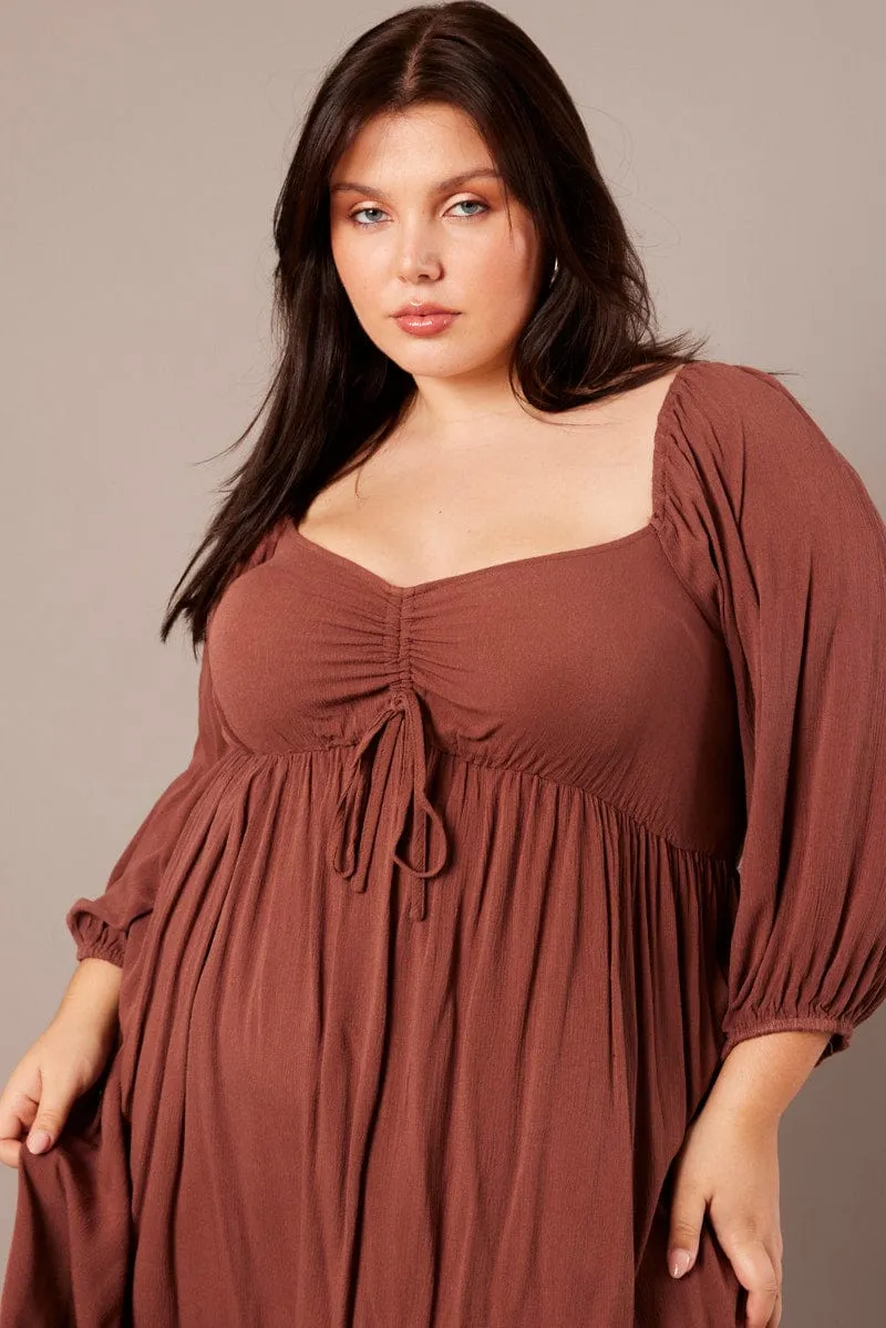 Relaxed Style Wrinkle Free Fabric Brown Crinkle Ruched Drawstring Mini Dress