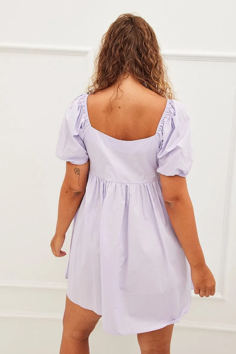 Purple Mini Dress Sweetheart Neck Puff Sleeve Party Relaxed Chic Cutout Back Detailing