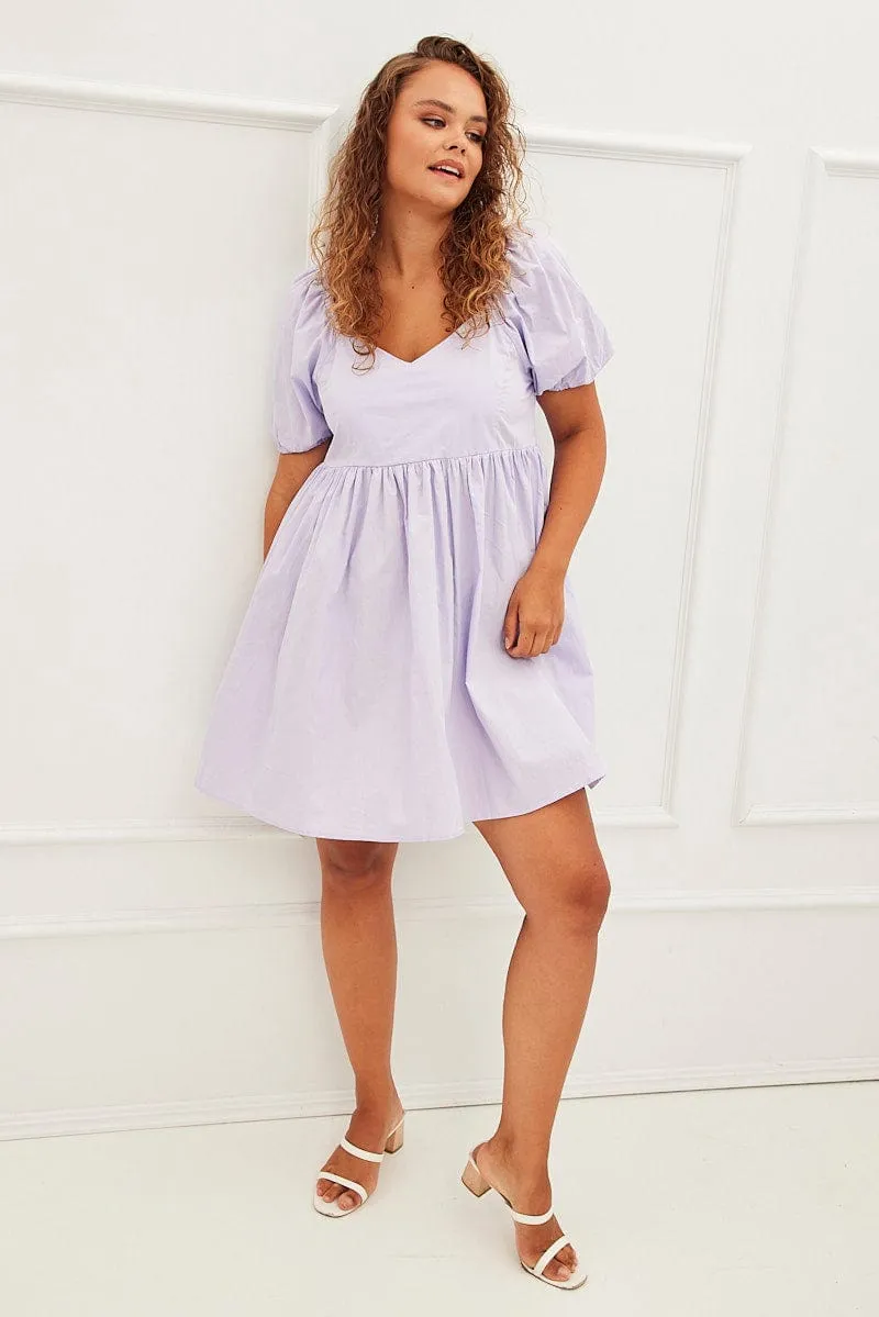 Purple Mini Dress Sweetheart Neck Puff Sleeve Party Relaxed Chic Look