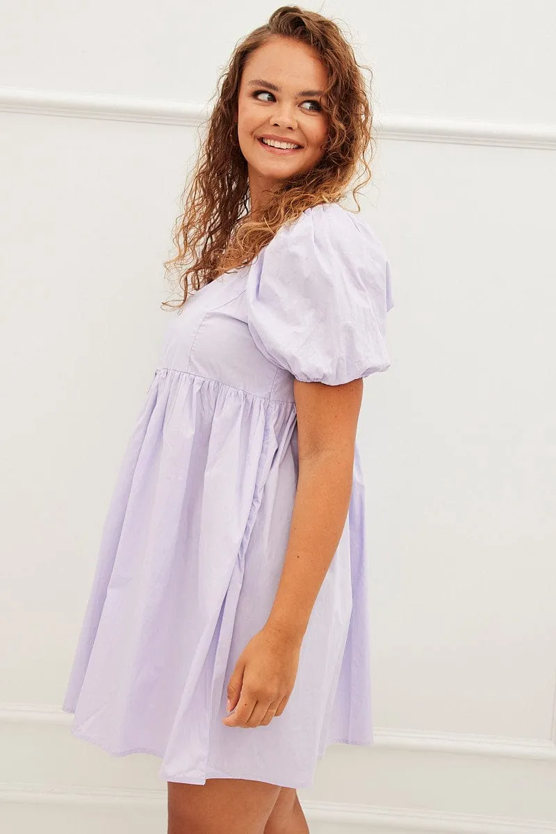 Purple Mini Dress Sweetheart Neck Puff Sleeve Party Sleek Wear