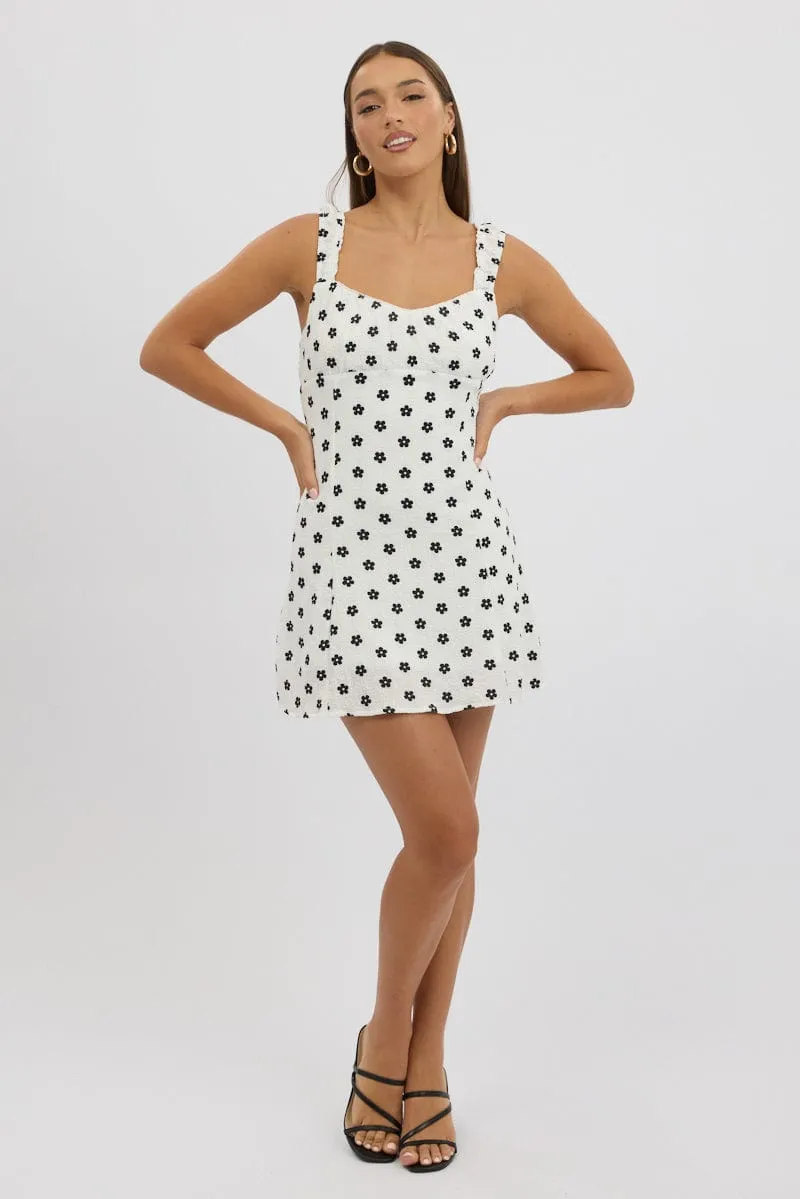 Minimal Seam White Floral Mini Dress Gathered Bust