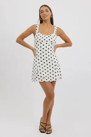 Minimal Seam White Floral Mini Dress Gathered Bust