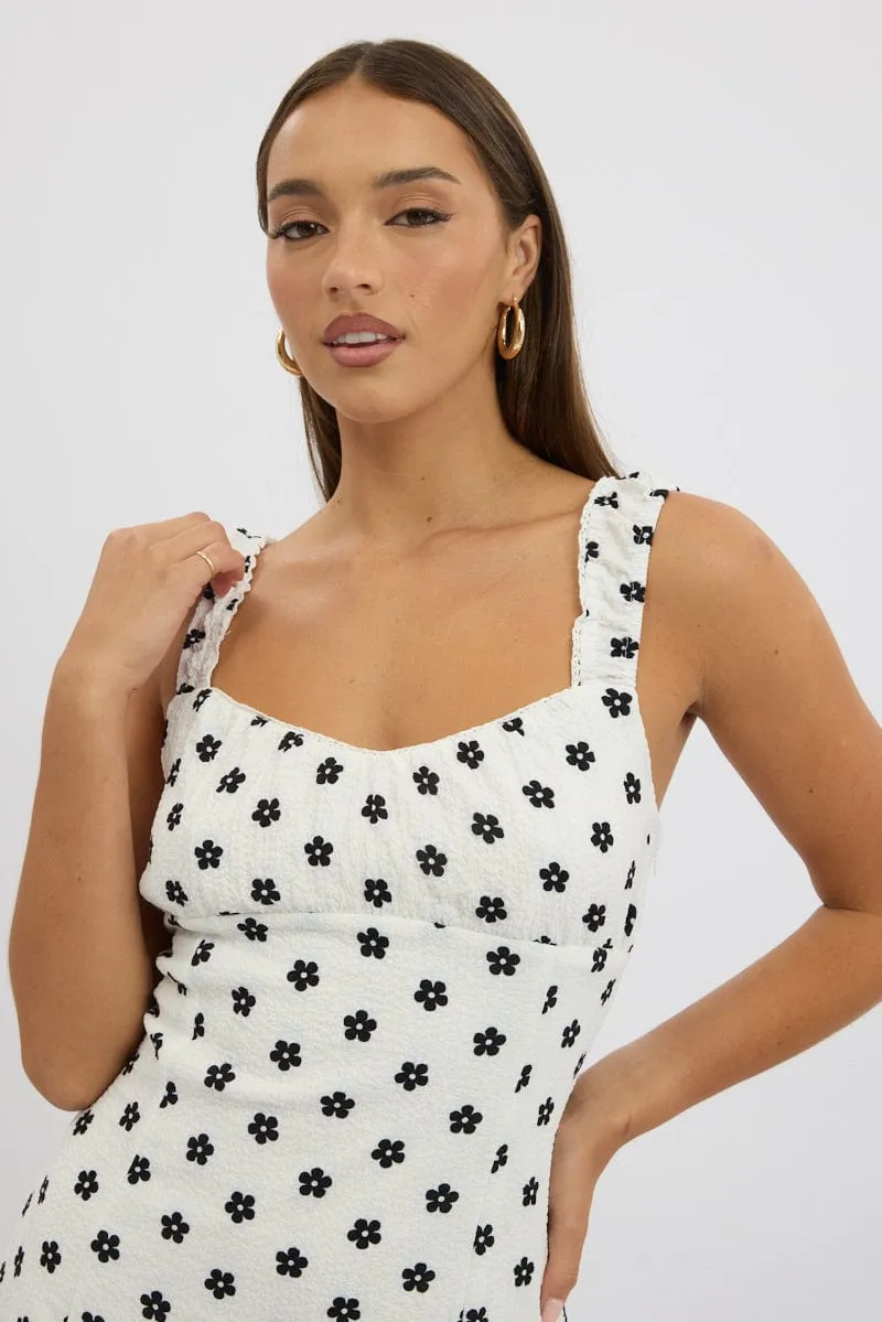White Floral Mini Dress Gathered Bust Flash Hot