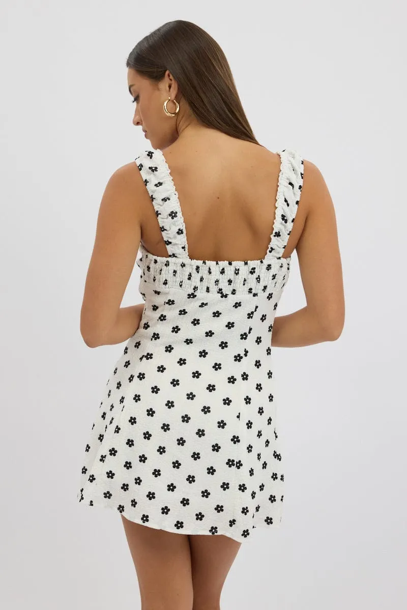 Party Ready White Floral Mini Dress Gathered Bust